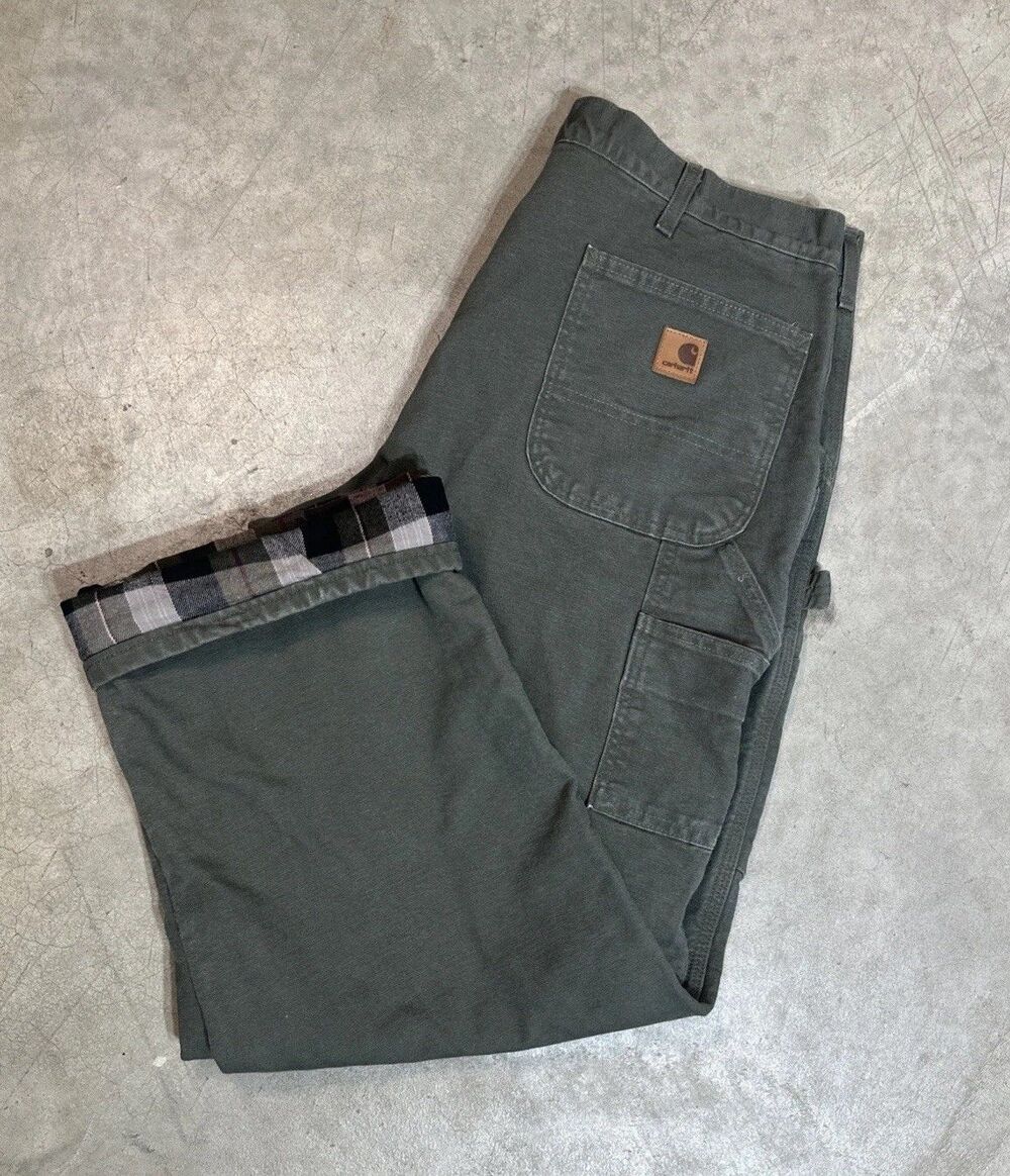 Carhartt Flannel Lined Duck Canvas Cargo Pants Olive Green Mens 38x30 Utility